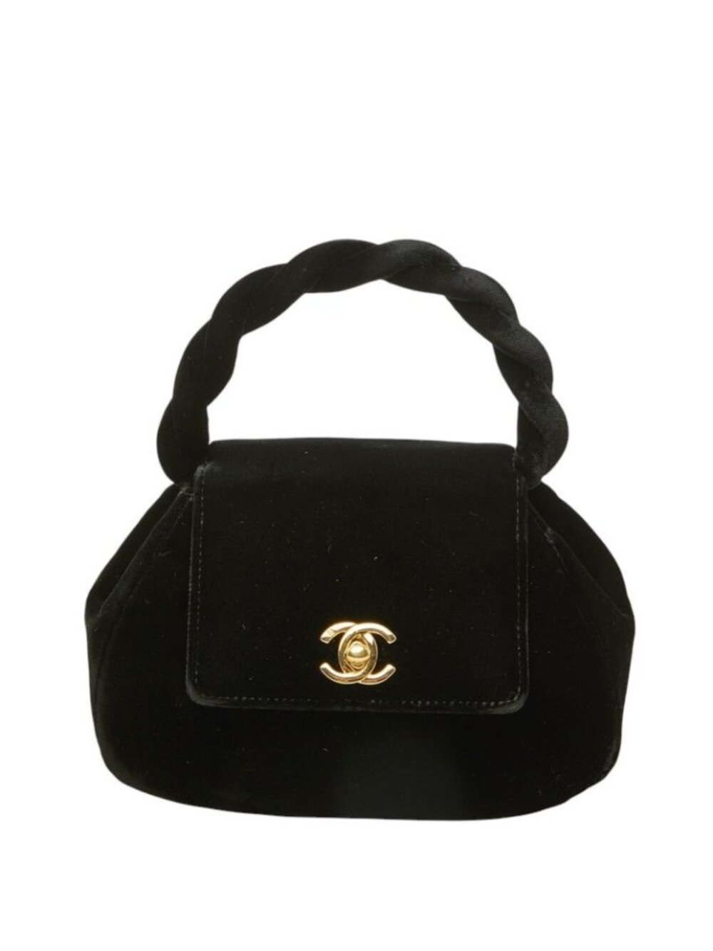 Chanel CC Logo Twist Handle Mini Handbag Top Black Gold Velour